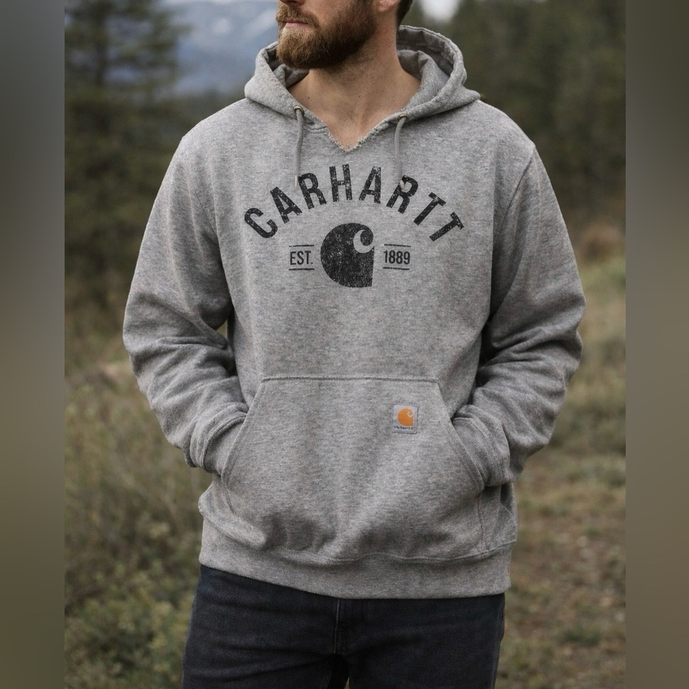Carhartt Men’s Gray Pullover Hoodie Logo Graphic Workwear Size Medium GUC
